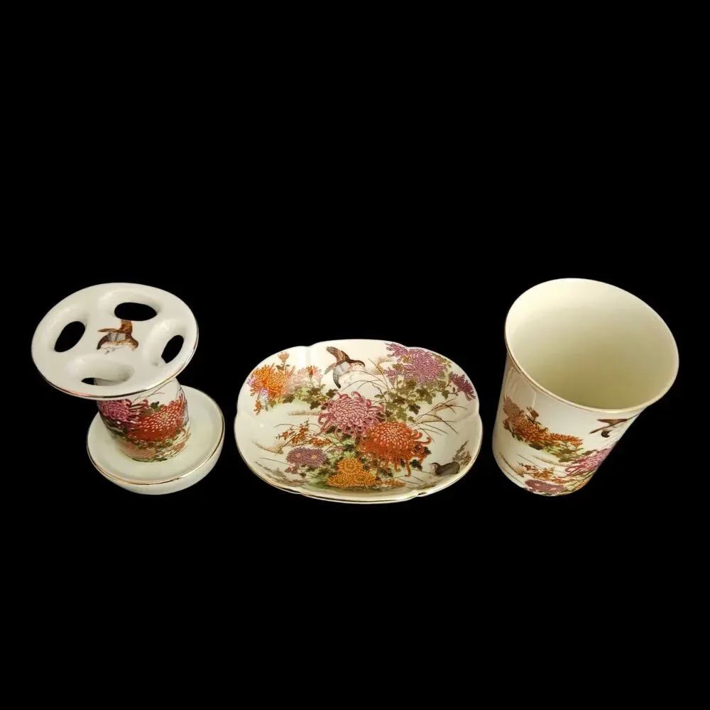 Shibata Japan Chrysanthemum Bird Bathroom Set Tumbler Soap Dish Holder